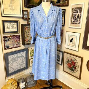 80s Vintage California Looks Blue and White Floral 3/4 Sleeve Midi Shirtdress
